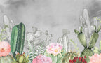 Sketched Cactus Flower Wallpaper : Grey Desert Botanical Mural - View 2