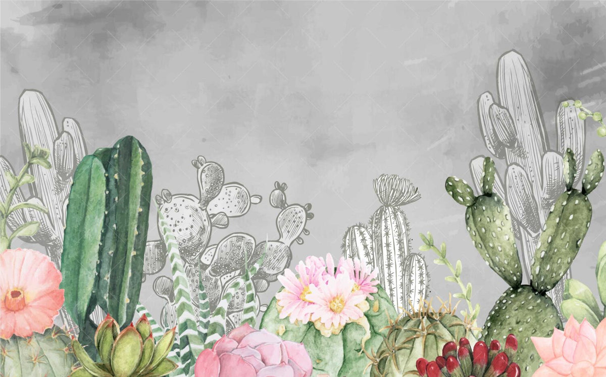 Sketched Cactus Flower Wallpaper : Grey Desert Botanical Mural - View 2