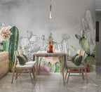 Sketched Cactus Flower Wallpaper : Grey Desert Botanical Mural - View 3