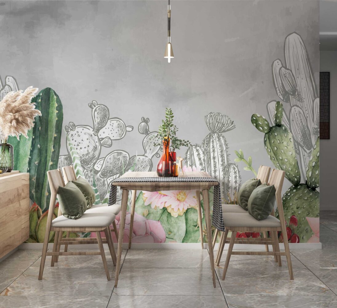 Sketched Cactus Flower Wallpaper : Grey Desert Botanical Mural - View 3