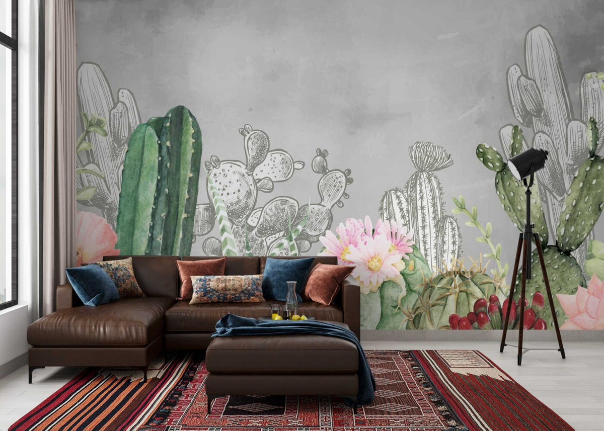 Sketched Cactus Flower Wallpaper : Grey Desert Botanical Mural - View 4
