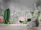 Sketched Cactus Flower Wallpaper : Grey Desert Botanical Mural