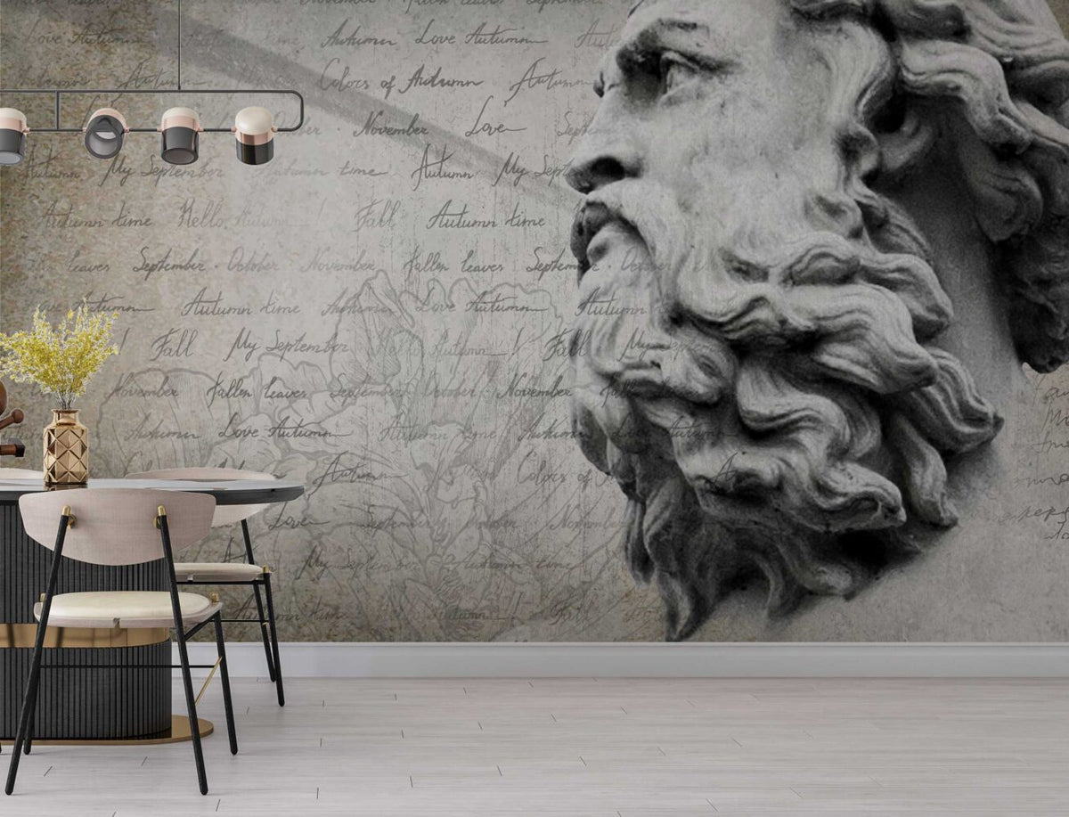 Poseidon Statue Script Wallpaper : Grey Classical Typography Mural - View 3