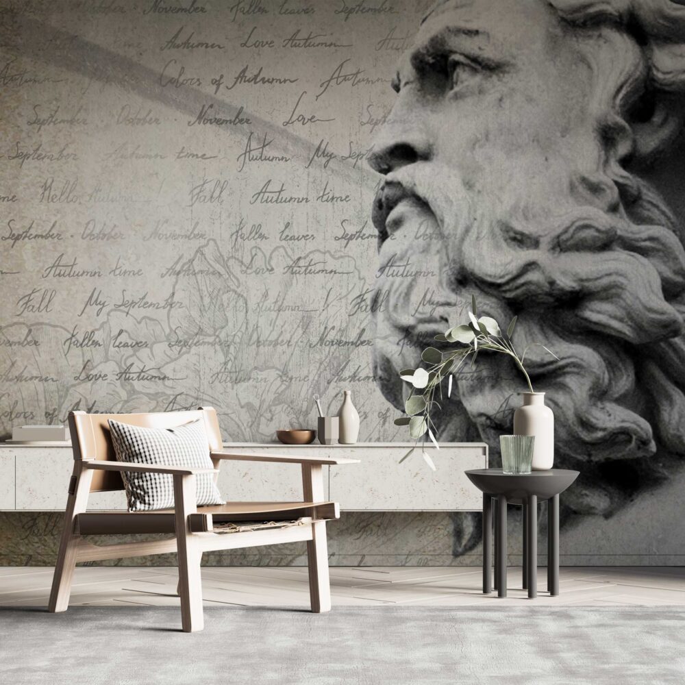 Poseidon Statue Script Wallpaper : Grey Classical Typography Mural
