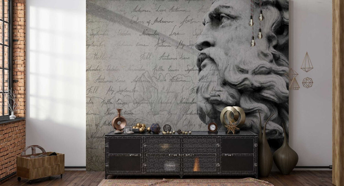 Poseidon Statue Script Wallpaper : Grey Classical Typography Mural - View 4