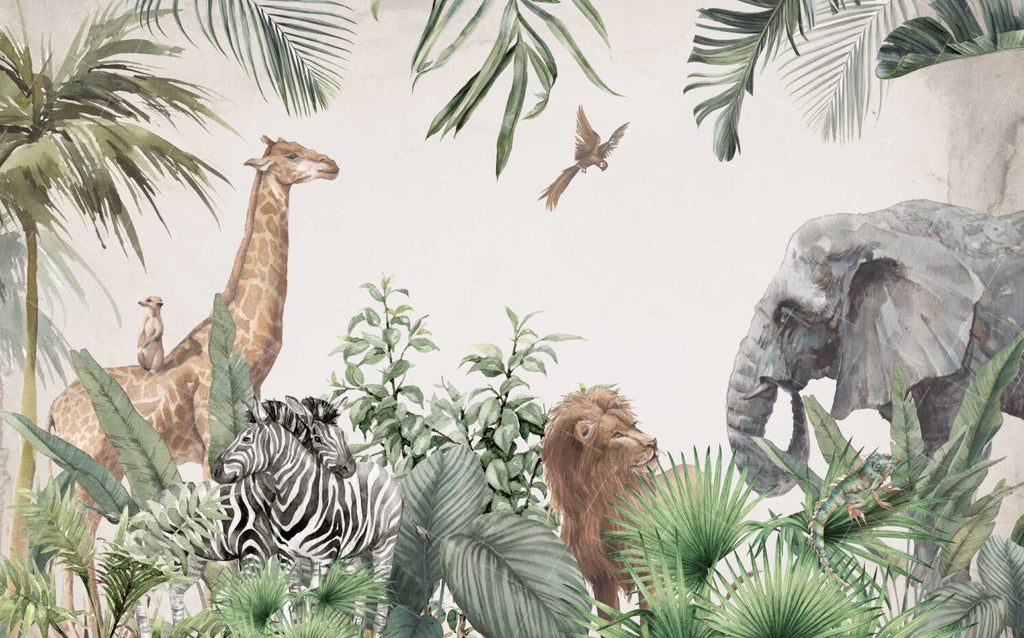 Safari Animals Tropical Wallpaper : Realistic Jungle Mural - View 2