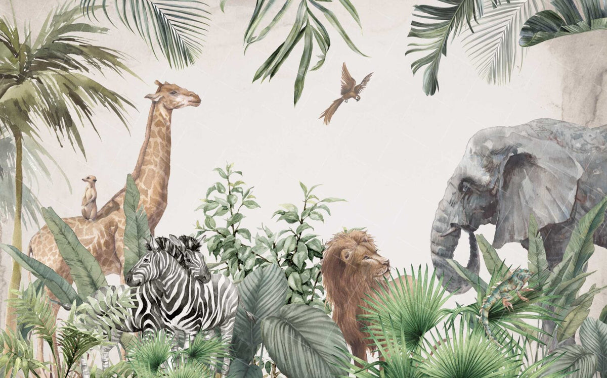 Safari Animals Tropical Wallpaper : Realistic Jungle Mural - View 2