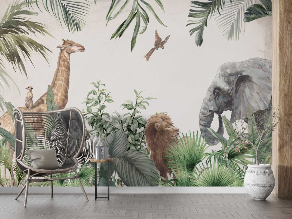 Safari Animals Tropical Wallpaper : Realistic Jungle Mural - View 4