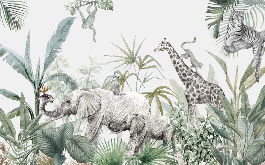 Sketched Safari Animals Wallpaper : Soft Tropical Mural - View 2