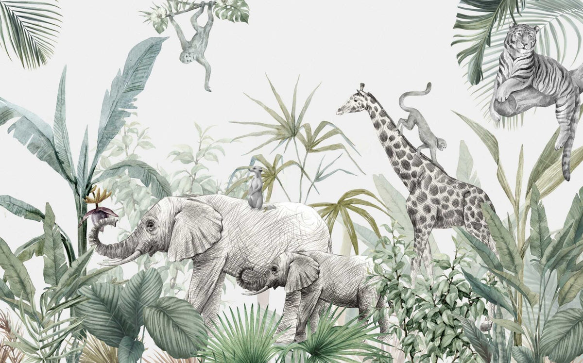 Sketched Safari Animals Wallpaper : Soft Tropical Mural - View 2