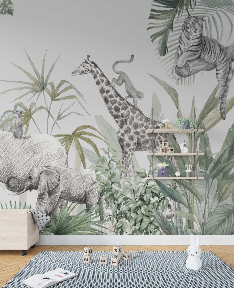 Sketched Safari Animals Wallpaper : Soft Tropical Mural - View 3