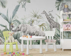 Sketched Safari Animals Wallpaper : Soft Tropical Mural - View 4