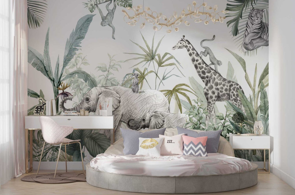Sketched Safari Animals Wallpaper : Soft Tropical Mural