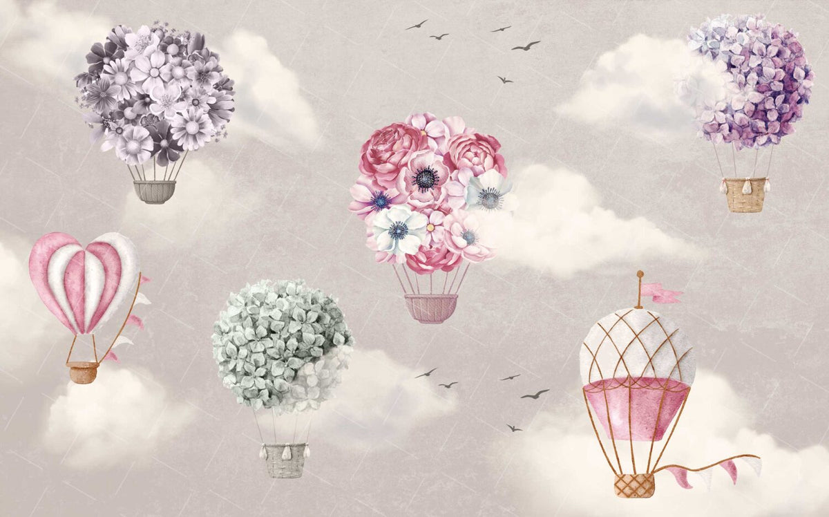 Floral Hot Air Balloon Wallpaper : Pink Nursery Sky Mural - View 2