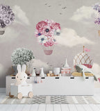 Floral Hot Air Balloon Wallpaper : Pink Nursery Sky Mural - View 3
