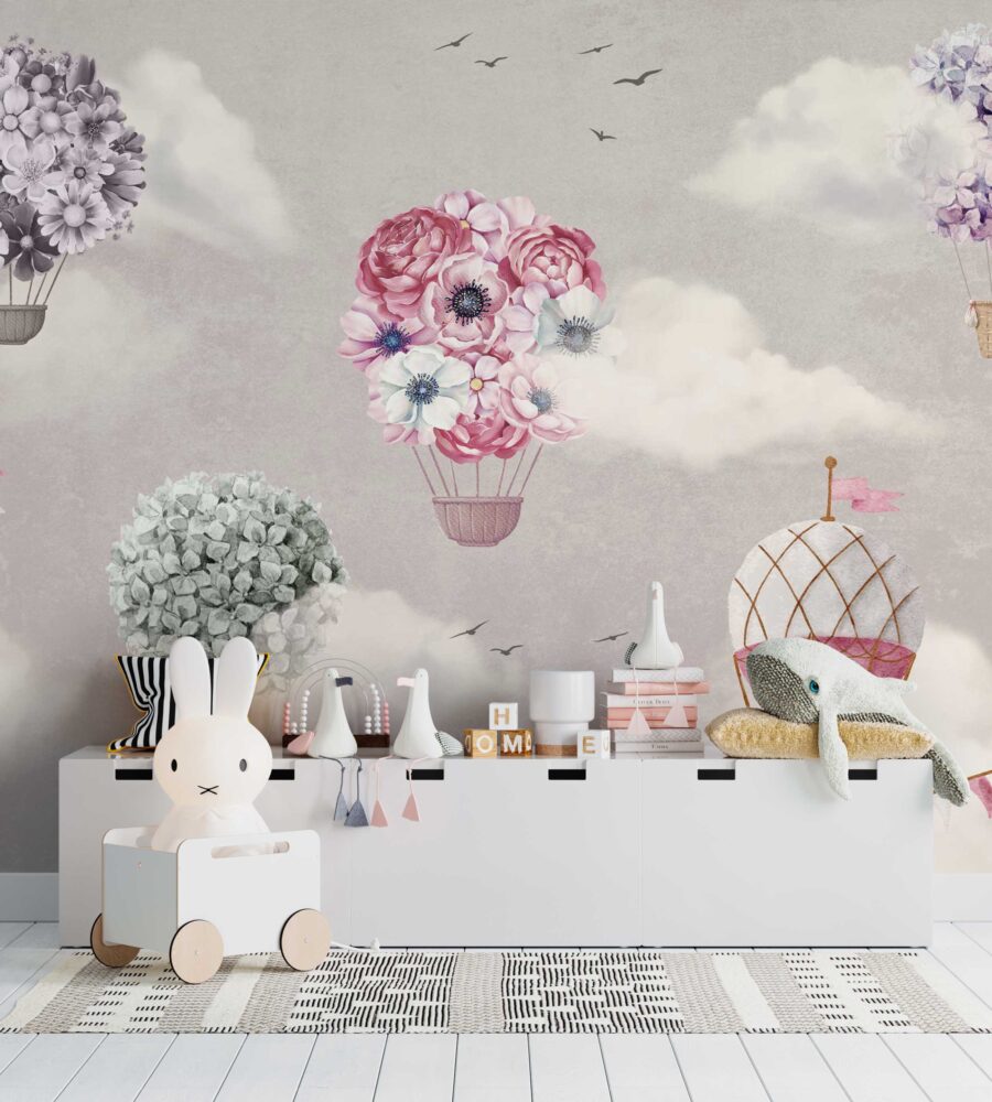 Floral Hot Air Balloon Wallpaper : Pink Nursery Sky Mural - View 3