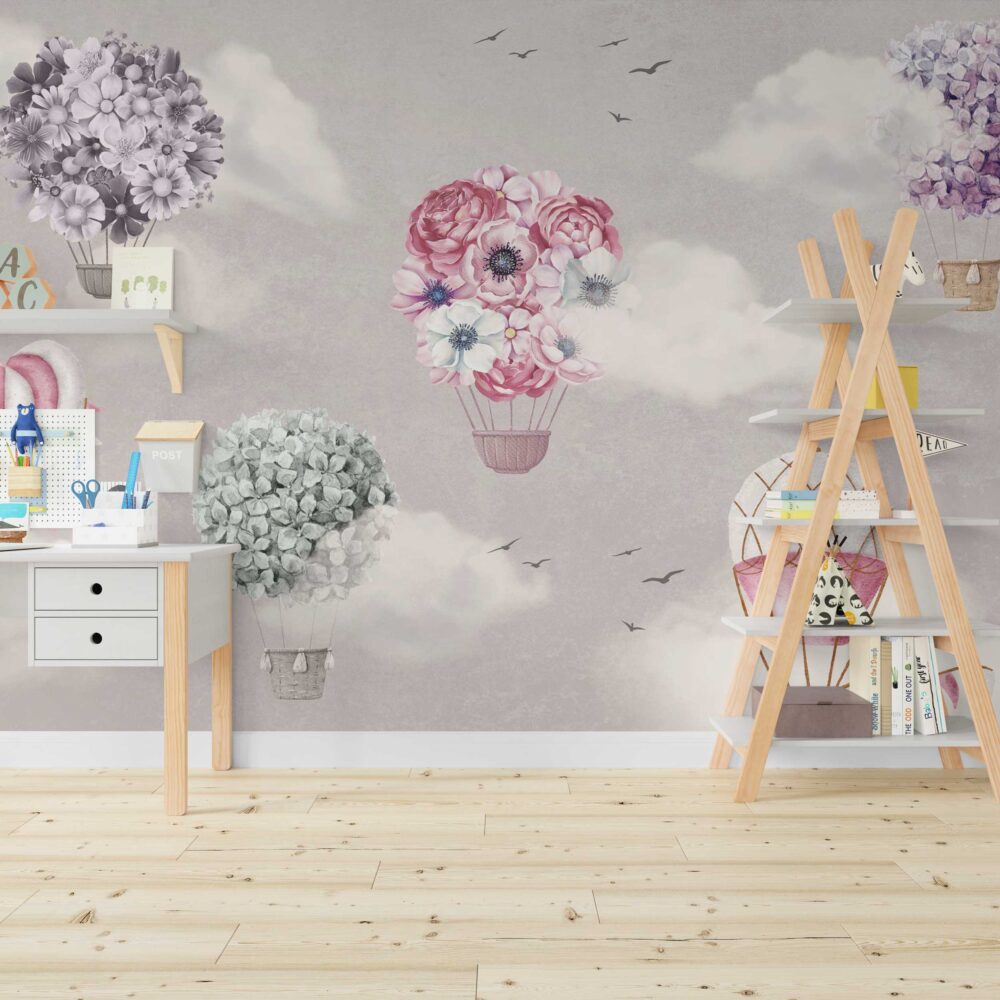 Floral Hot Air Balloon Wallpaper : Pink Nursery Sky Mural