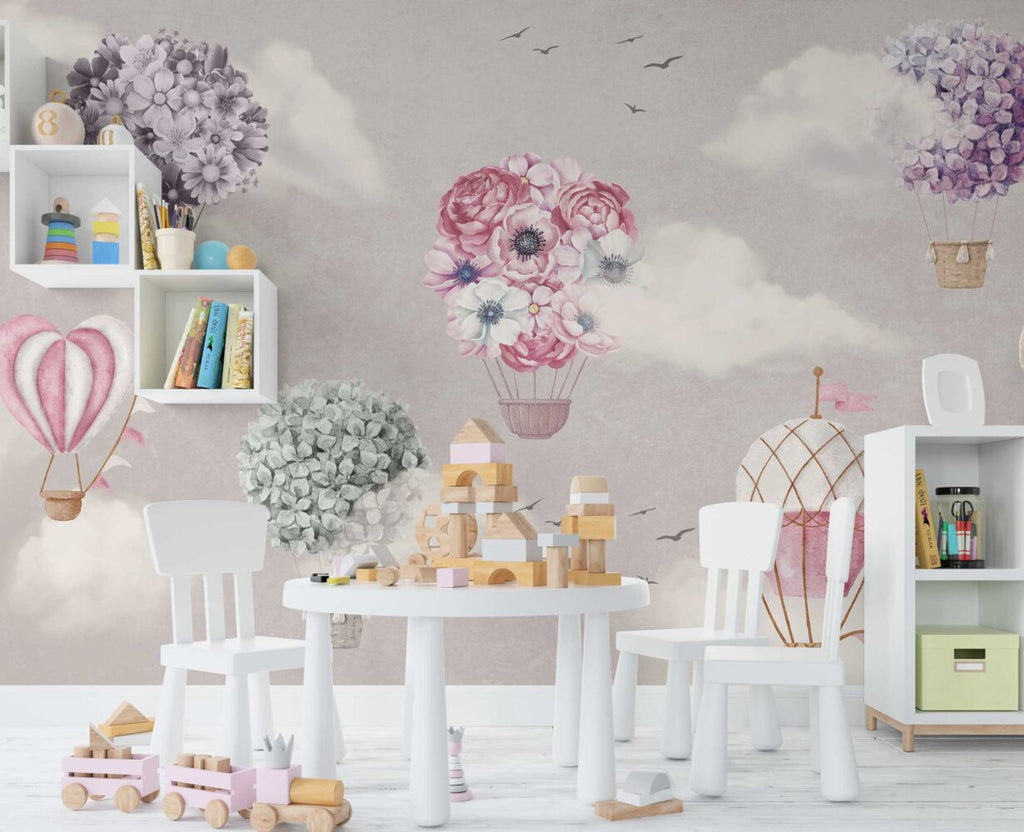 Floral Hot Air Balloon Wallpaper : Pink Nursery Sky Mural - View 4