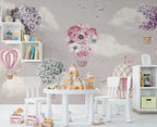 Floral Hot Air Balloon Wallpaper : Pink Nursery Sky Mural - View 4