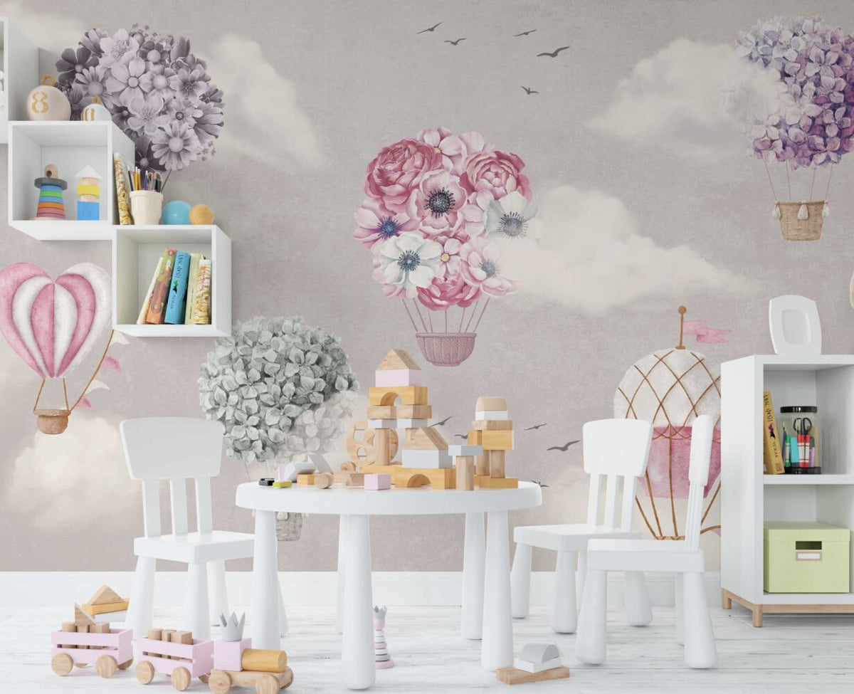 Floral Hot Air Balloon Wallpaper : Pink Nursery Sky Mural - View 4