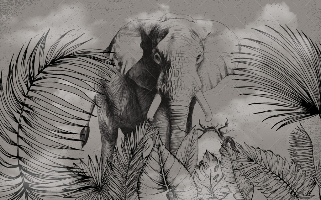 Charcoal Elephant Jungle Wallpaper : Dark Tropical Mural - View 2