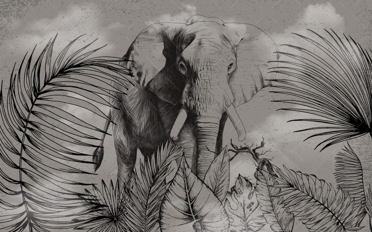 Charcoal Elephant Jungle Wallpaper : Dark Tropical Mural - View 2