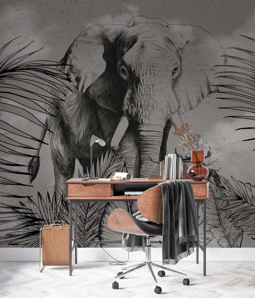 Charcoal Elephant Jungle Wallpaper : Dark Tropical Mural