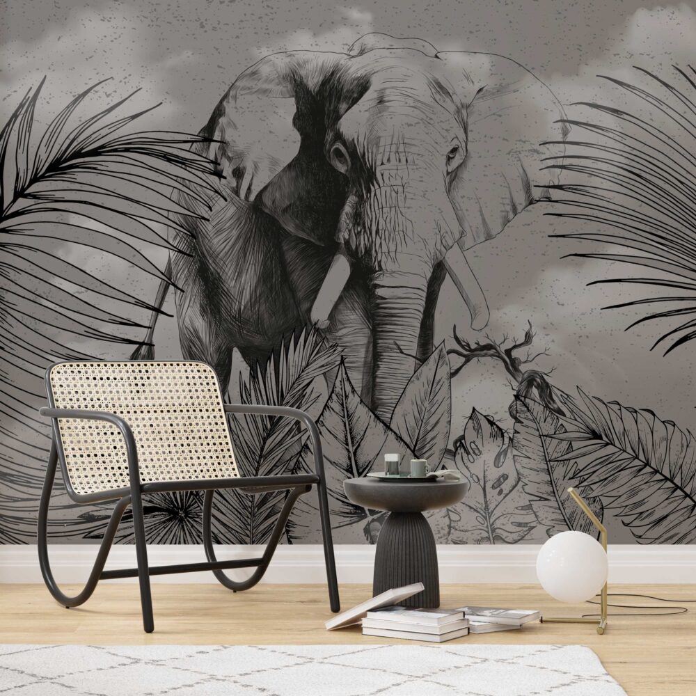 Charcoal Elephant Jungle Wallpaper : Dark Tropical Mural - View 3