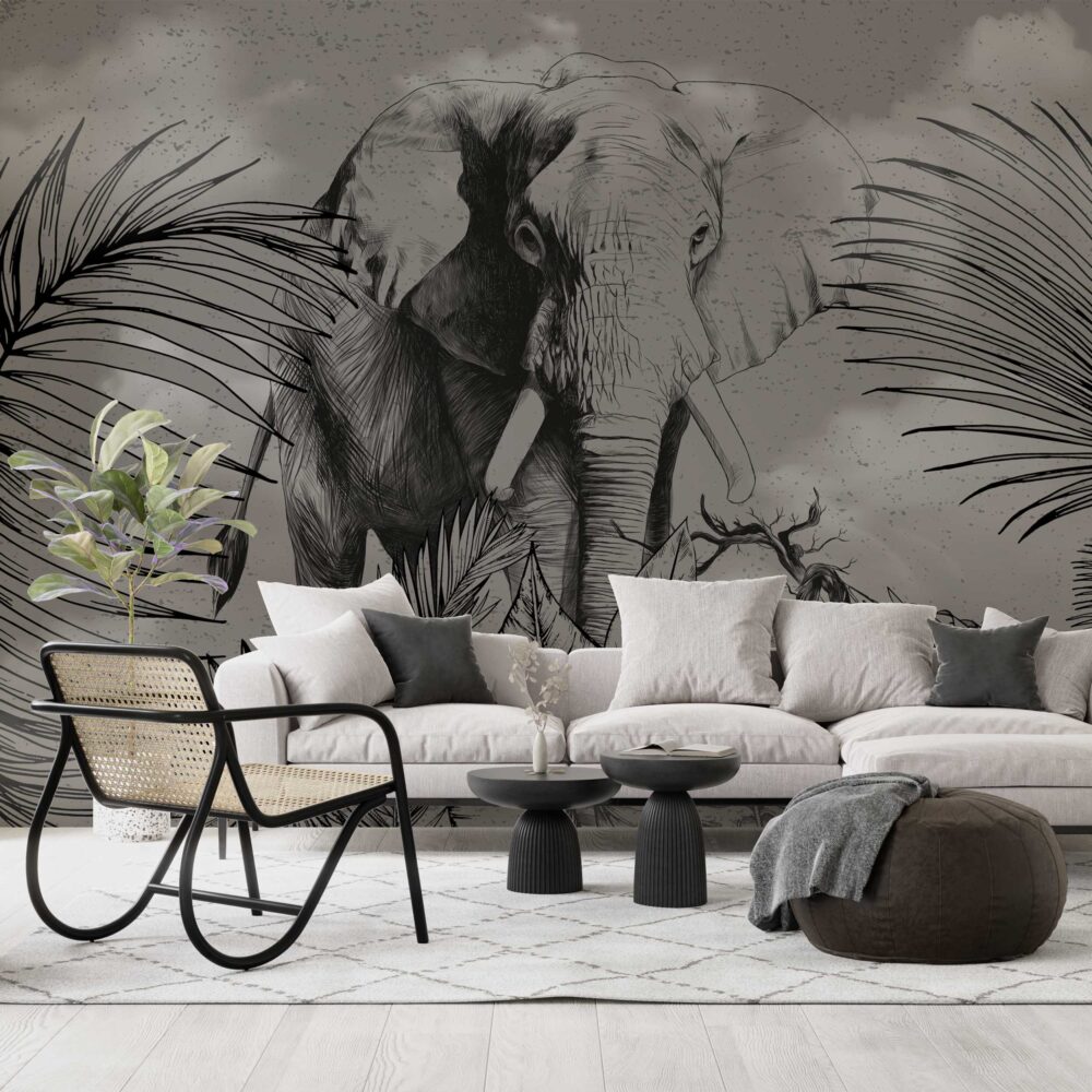 Charcoal Elephant Jungle Wallpaper : Dark Tropical Mural - View 4