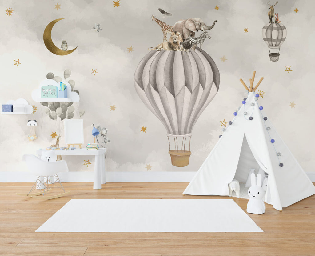 Neutral Balloon Safari Wallpaper : Soft Kids Room Mural - View 3
