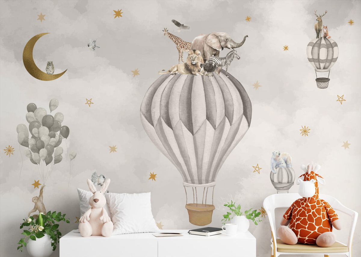 Neutral Balloon Safari Wallpaper : Soft Kids Room Mural - View 4