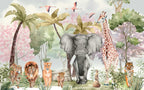 Colorful Watercolor Safari Wallpaper : Elephant Giraffe Jungle Mural - View 2