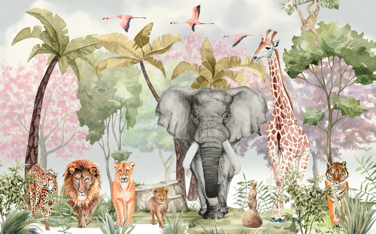 Colorful Watercolor Safari Wallpaper : Elephant Giraffe Jungle Mural - View 2