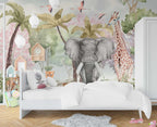 Colorful Watercolor Safari Wallpaper : Elephant Giraffe Jungle Mural - View 3