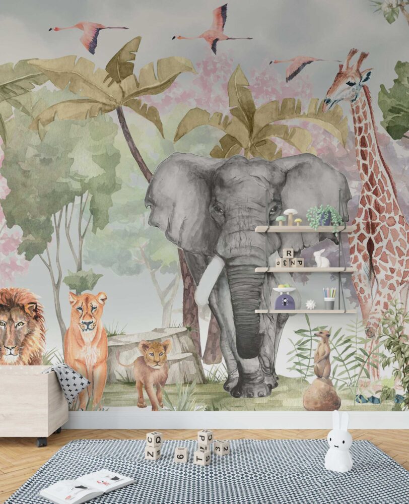 Colorful Watercolor Safari Wallpaper : Elephant Giraffe Jungle Mural - View 4