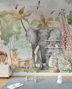 Colorful Watercolor Safari Wallpaper : Elephant Giraffe Jungle Mural - View 4