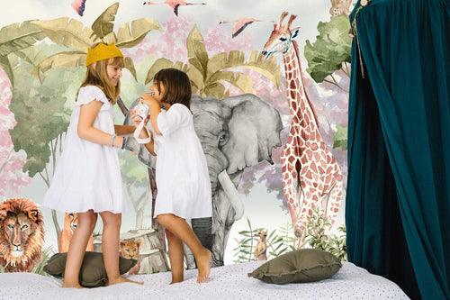 Colorful Watercolor Safari Wallpaper : Elephant Giraffe Jungle Mural