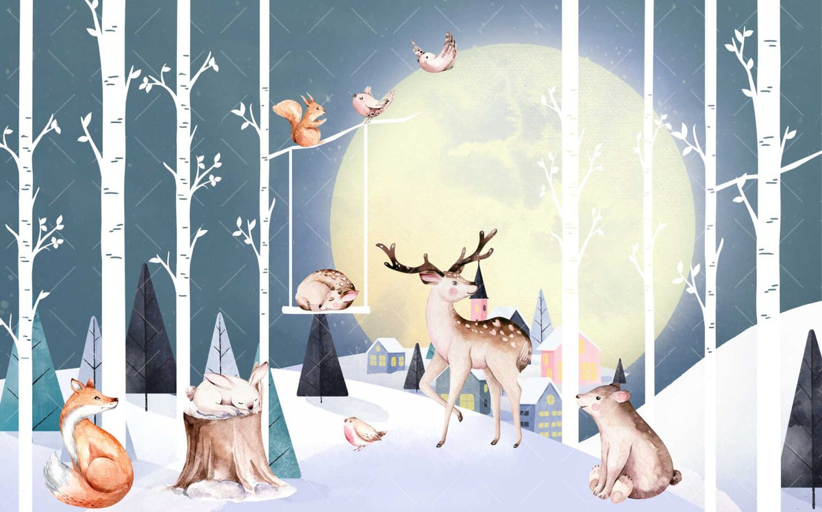 Moonlit Deer Forest Wallpaper : Cute Woodland Kids Mural - View 2