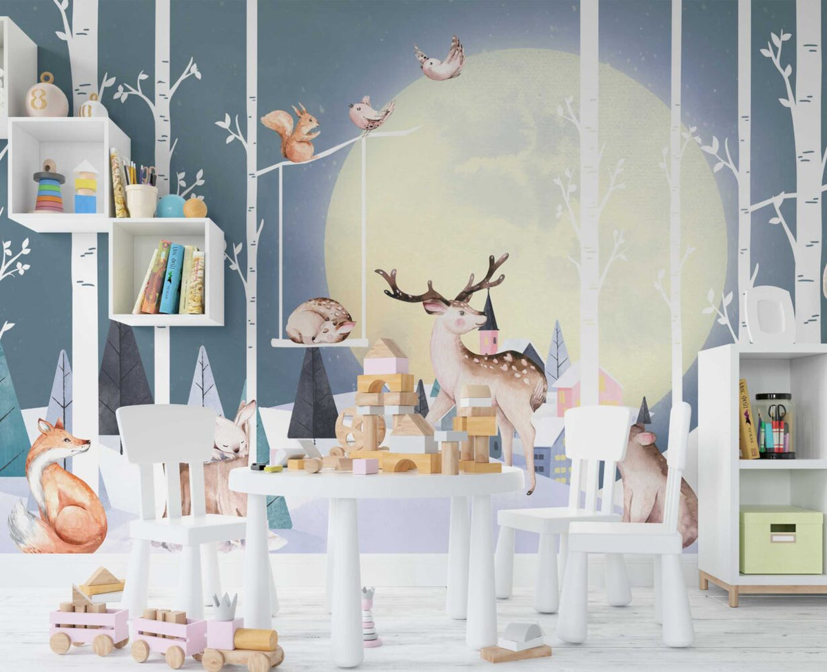 Moonlit Deer Forest Wallpaper : Cute Woodland Kids Mural - View 3