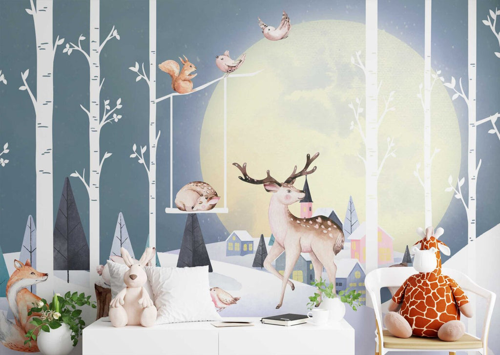 Moonlit Deer Forest Wallpaper : Cute Woodland Kids Mural - View 4