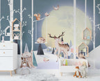 Moonlit Deer Forest Wallpaper : Cute Woodland Kids Mural