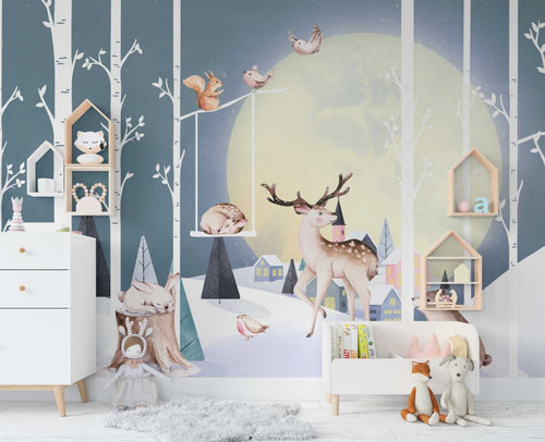 Moonlit Deer Forest Wallpaper : Cute Woodland Kids Mural