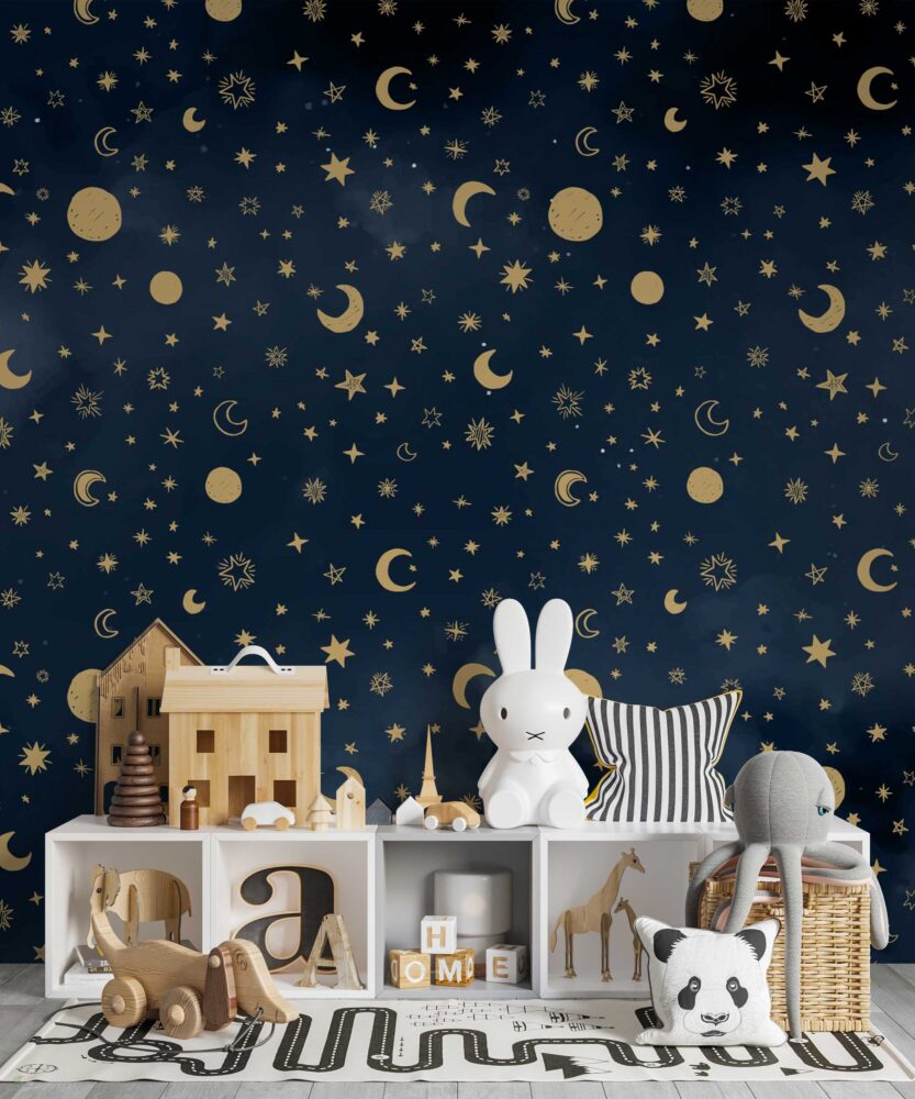 Navy Gold Moon and Stars Wallpaper : Night Sky Pattern - View 3