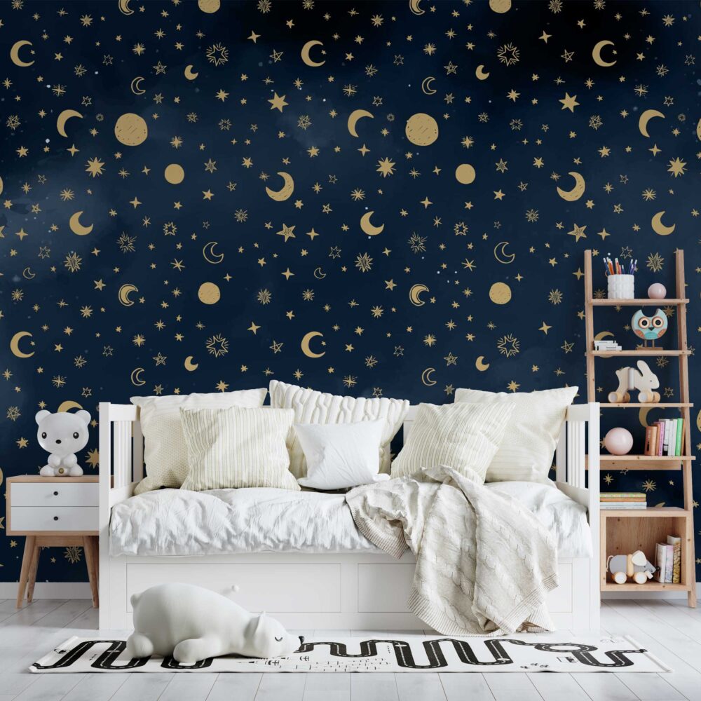 Navy Gold Moon and Stars Wallpaper : Night Sky Pattern