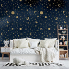 Navy Gold Moon and Stars Wallpaper : Night Sky Pattern