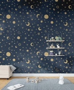 Navy Gold Moon and Stars Wallpaper : Night Sky Pattern - View 4