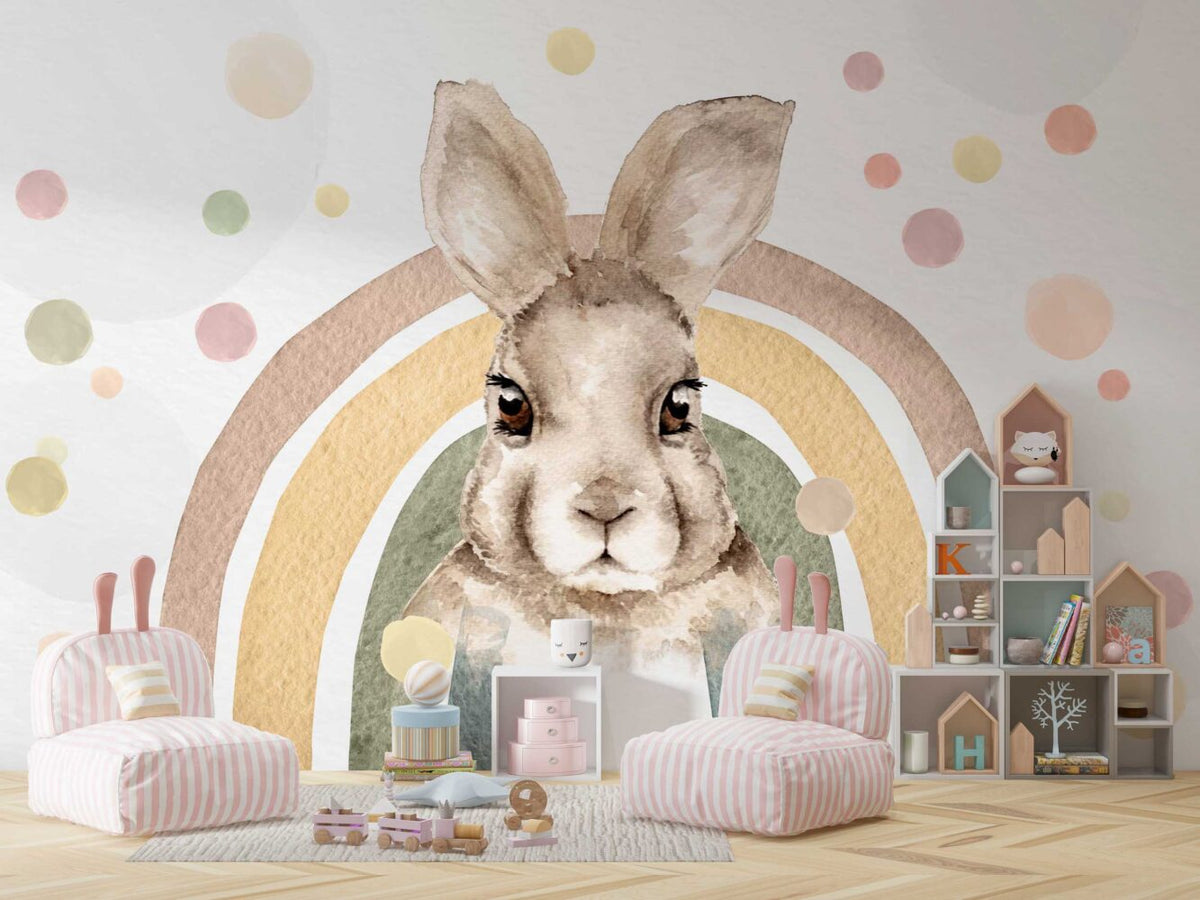 Big Bunny Rainbow Wallpaper : Watercolor Nursery Mural