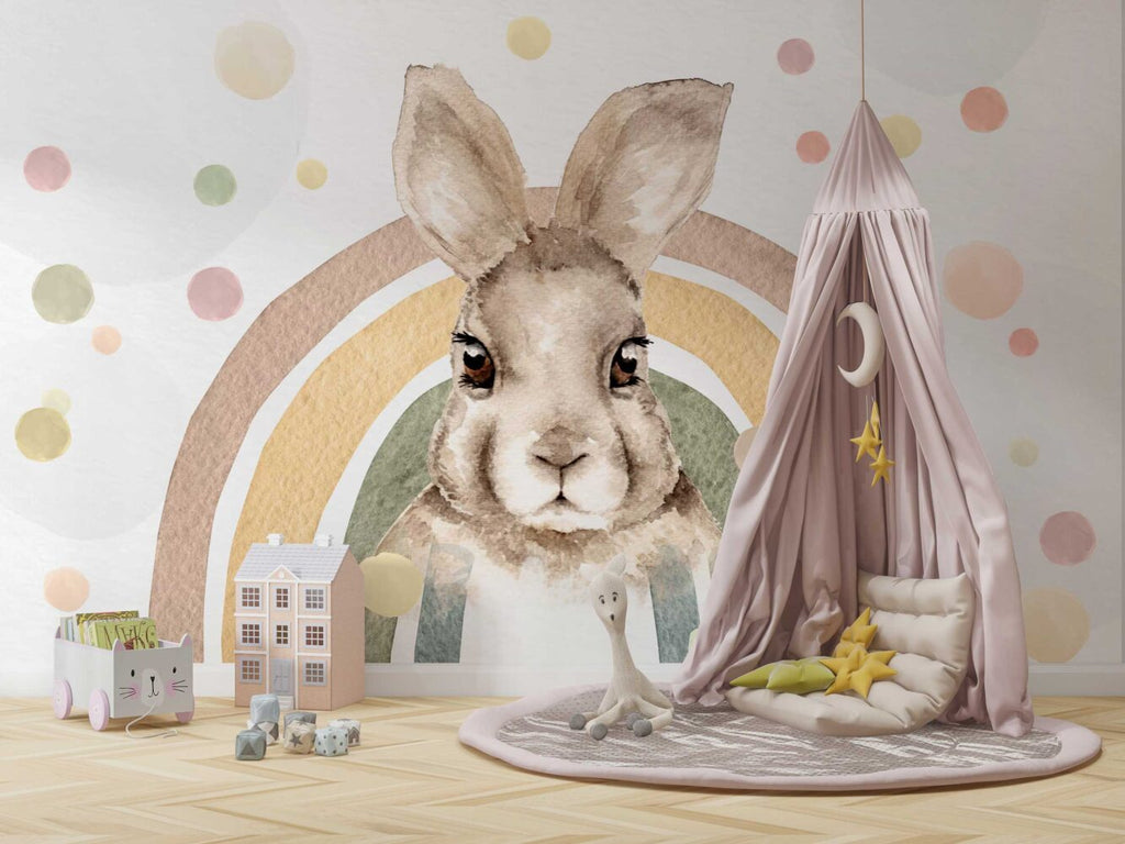 Big Bunny Rainbow Wallpaper : Watercolor Nursery Mural - View 3