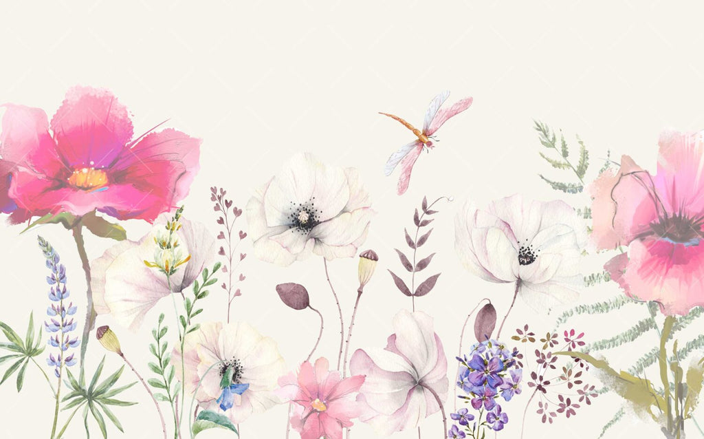 Soft Watercolor Wildflower Wallpaper : Pink Lilac Floral Mural - View 2