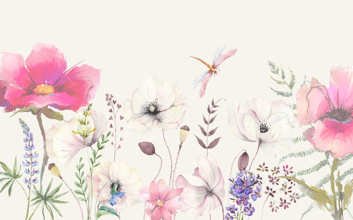 Soft Watercolor Wildflower Wallpaper : Pink Lilac Floral Mural - View 2